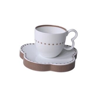 Abode White Taupe Polka Dot‎ Espresso Cup Saucer Set Heart Handle Flower Shape